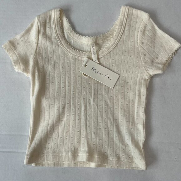 Girl - 4-5Y - NWT Rylee + Cru Pointelle Ivory Short Sleeve Tee - Picture 2 of 5